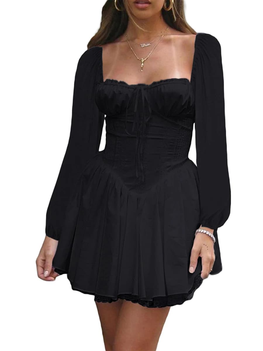 Mini robe évasée à volants pour femmes, col carré, corsets à lacets, ceinture évasée, manches longue