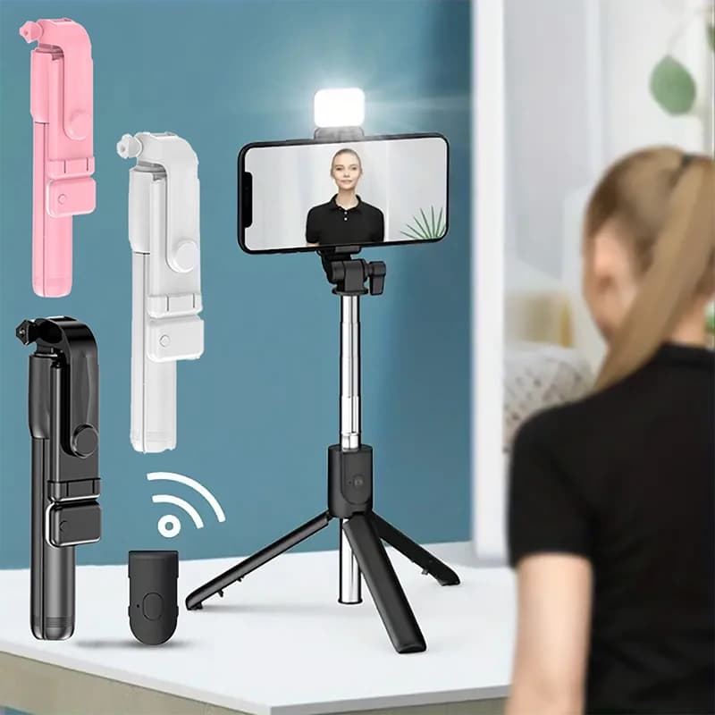 Trépied Portable Bluetooth pour perche à Selfie, avec obturateur à distance, lumière de remplissage,