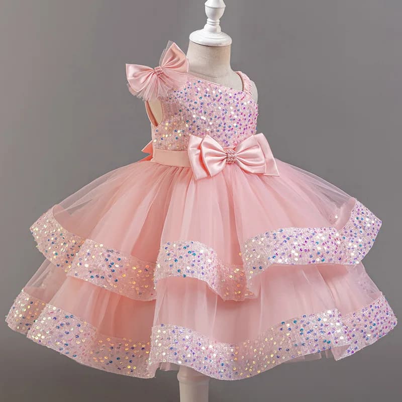 Robe de princesse en maille pour filles, avec nœud à paillettes, col irrégulier, pour fête d'anniver