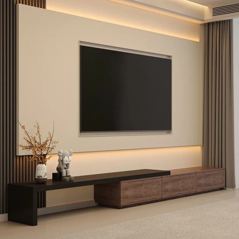 Meuble TV rétractable pour salon, en bois, design simple, noir, style moderne vintage, mobilier pour