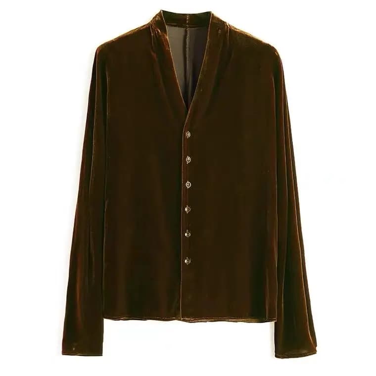 Cardigan à manches longues en velours doré pour femme, grande taille, col en v, boutons, Vintage, él