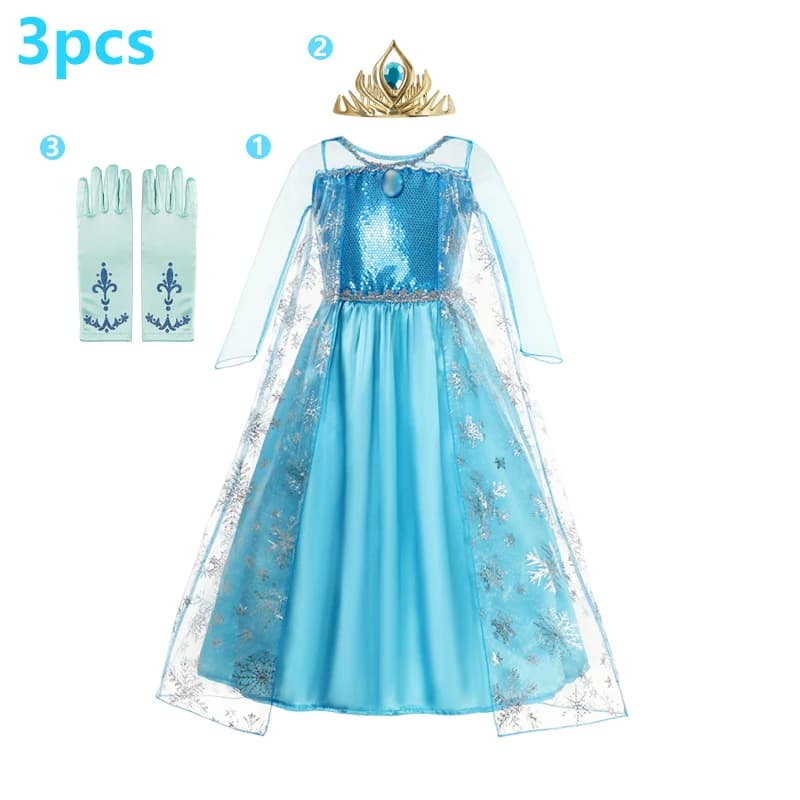 Robe Elsa Cosplay robe de princesse bleu clair à manches longues paillettes enfants robes carnaval f