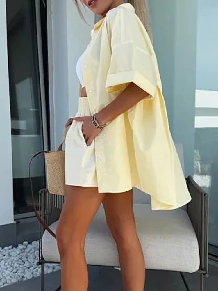 Femmes ample demi manches solide deux pièces ensemble Shorts décontracté vêtements de rue femme corr