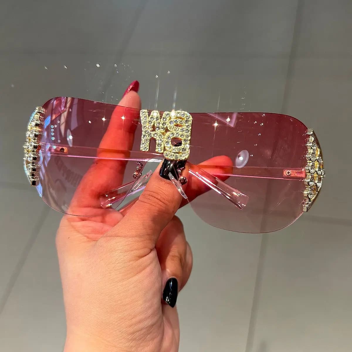 Lunettes de soleil de luxe y2k sans monture pour femmes, avec lettres en strass, de marque de stylis