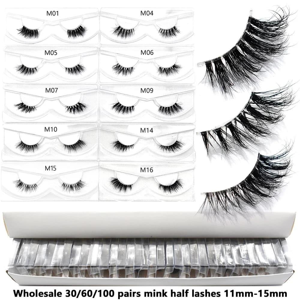 Articles en vrac 10/30/60/100 paires demi-cils de vison naturel longs moelleux vaporeux demi-cils Ex