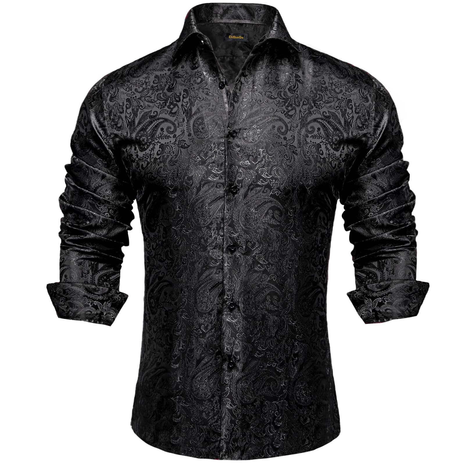 Chemises habillées en soie Paisley noire à manches longues pour hommes, chemise sociale de smoking d