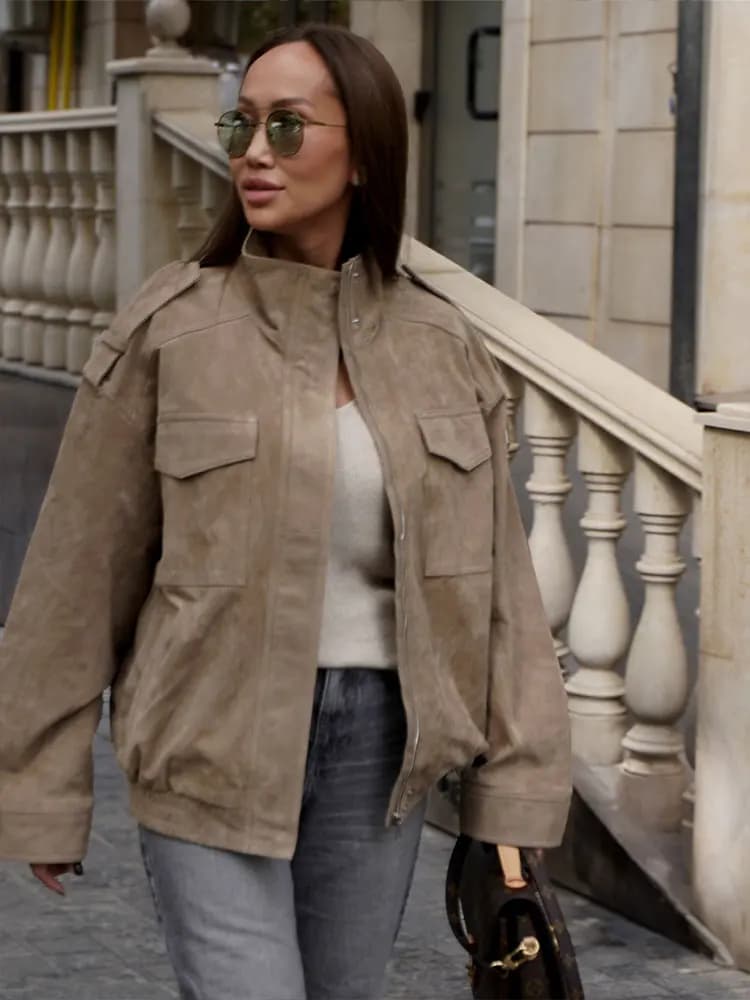 HH femmes rue décontracté solide daim pardessus vestes col montant fermetures éclair manteaux amples