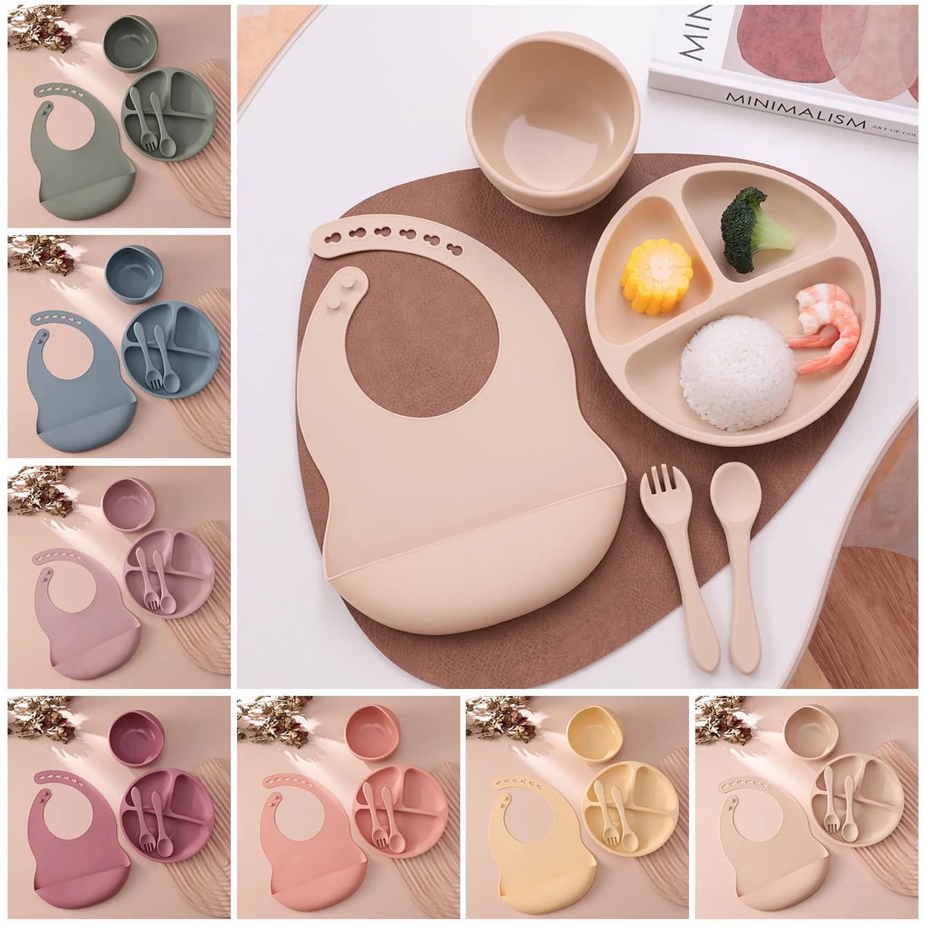 Ensemble d'alimentation en Silicone pour enfants, 5 pièces, plats à succion, assiette sans BPA, bol 