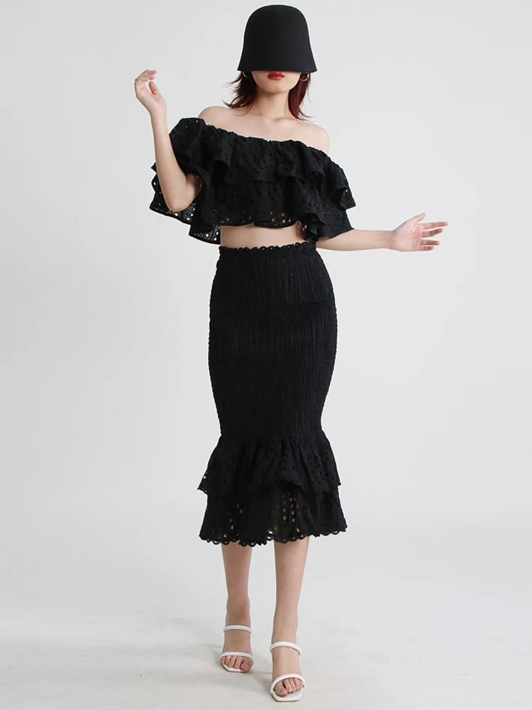 TWOTWurea-Ensemble deux pièces YLE pour femme, jupe mi-longue taille haute, col oblique, court, mode