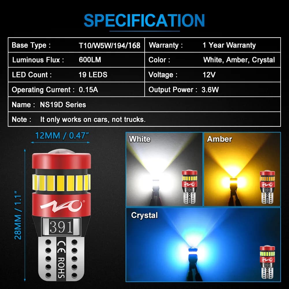NAO – éclairage intérieur de voiture T10, LED W5W 1.8W, ampoule Super brillante 12V, 3030 3014 puces