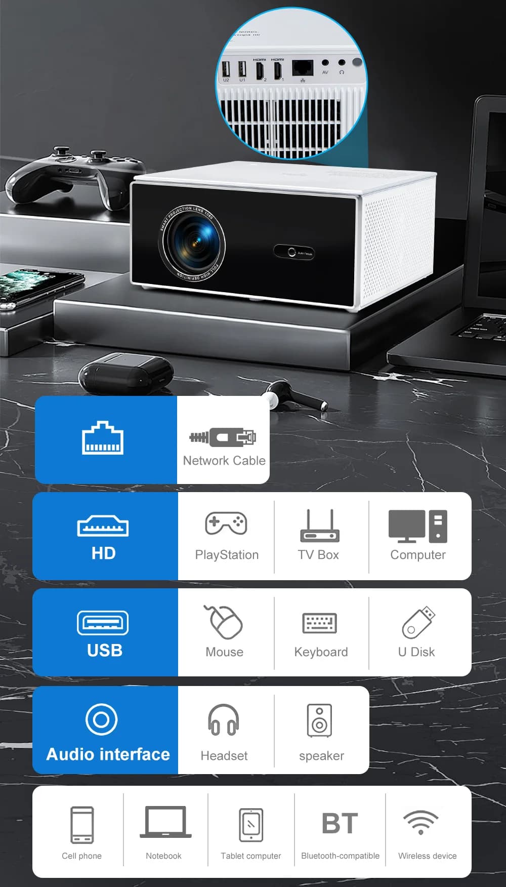Projecteur ThundeaL 2K 4K Full HD 1080P TDA7W 32G Android WiFi pour Home Cinéma, Projecteur TDA7 Bea