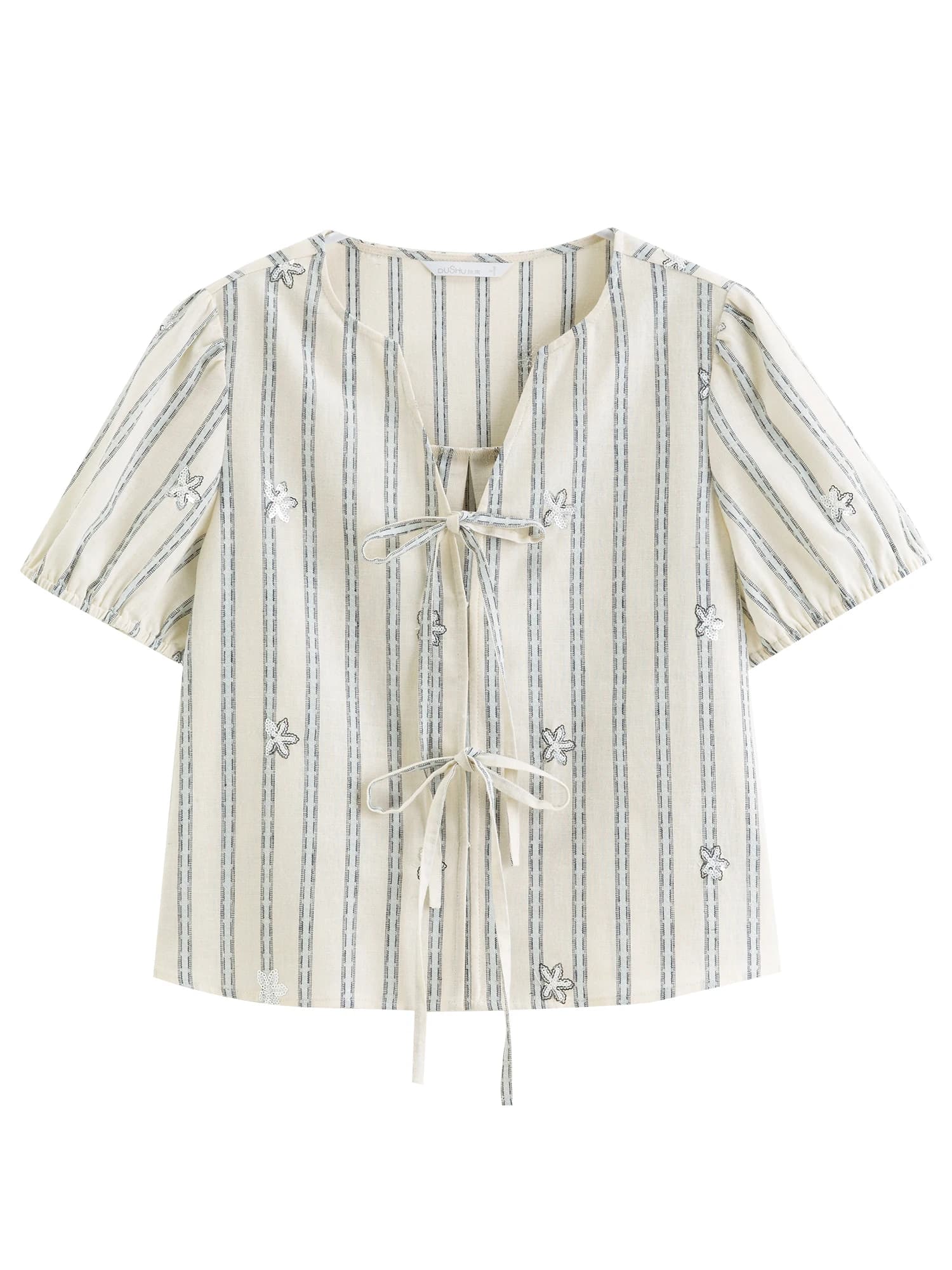 DUSHU 2026 Nouvelle Blouse d'été rayée à col en V et manches courtes pour femme, Top en lin et coton