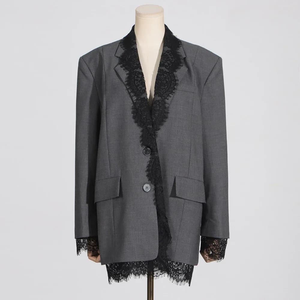 VGH-Blazer Chic en Dentelle Épissée pour Femme, Col Cranté, Manches sulf, Style de Vêtement Féminin