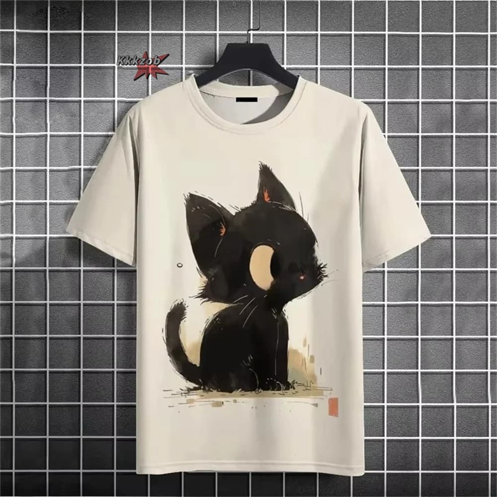 Japonais Ukiyo-E motif de chat mignon col rond hommes à manches courtes quotidien surdimensionné T-S