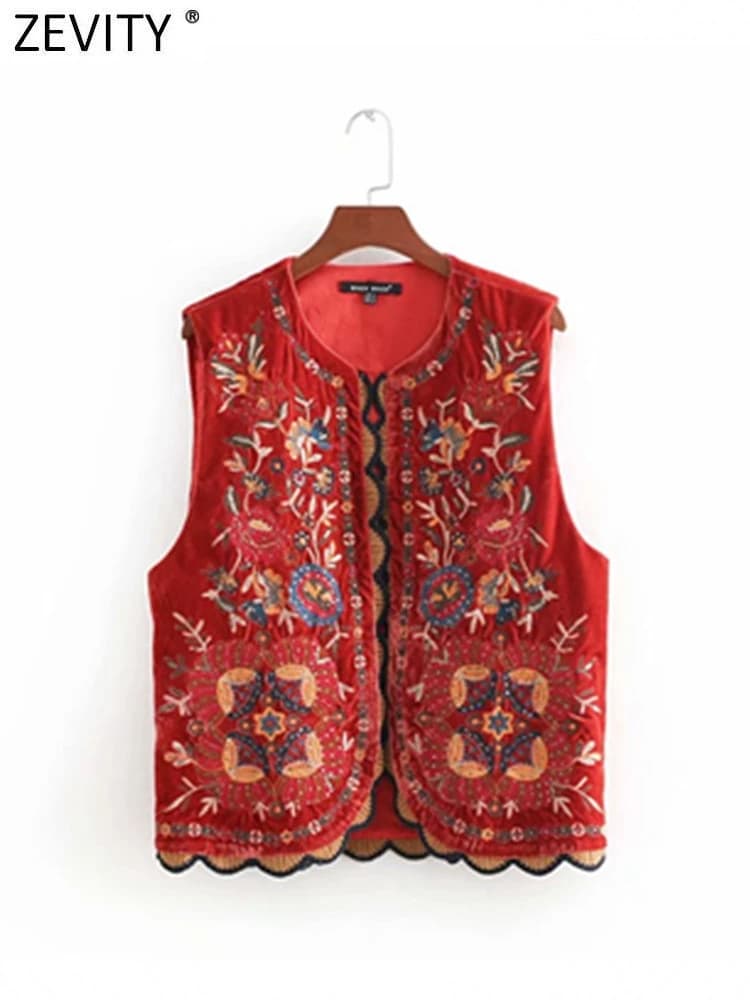 Zevity femmes Vintage paillettes fleur broderie gilet veste dames rétro style national patchwork déc