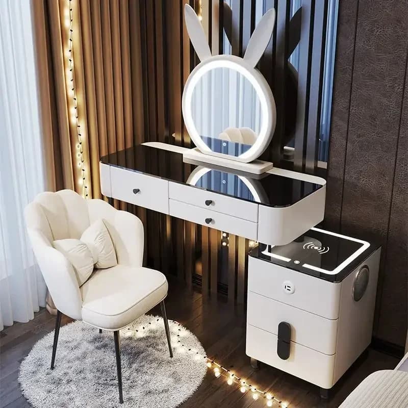 Coiffeuse moderne avec chargement sans fil intelligent, Table de maquillage multifonctionnelle de lu
