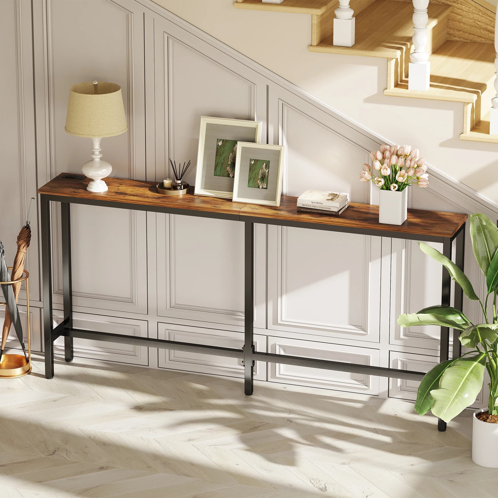 Table de canapé JHK 63IN avec station de charge, bureau de chevet sur lit avec prise, table de lit p