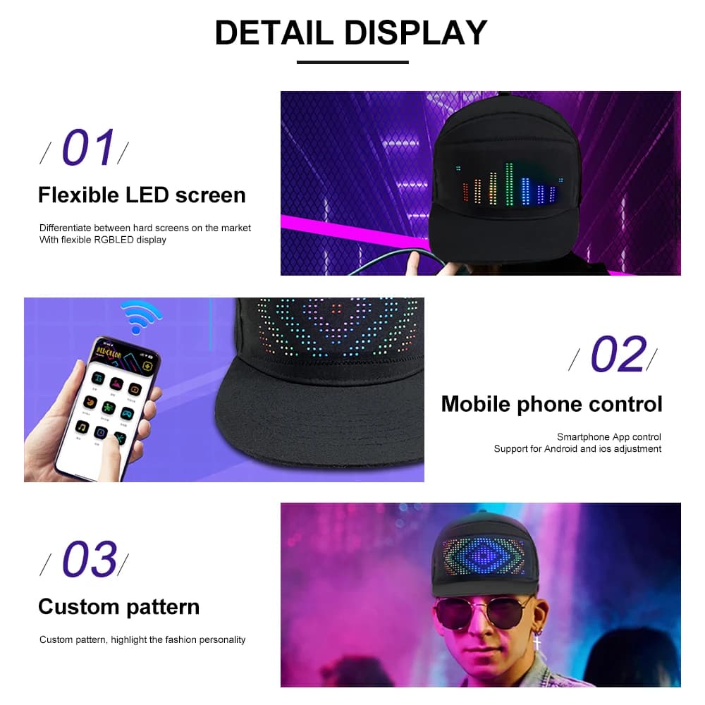 Chapeau LED avec écran d'affichage lumineux, bricolage, matrice de pixels intelligente, chapeau de B