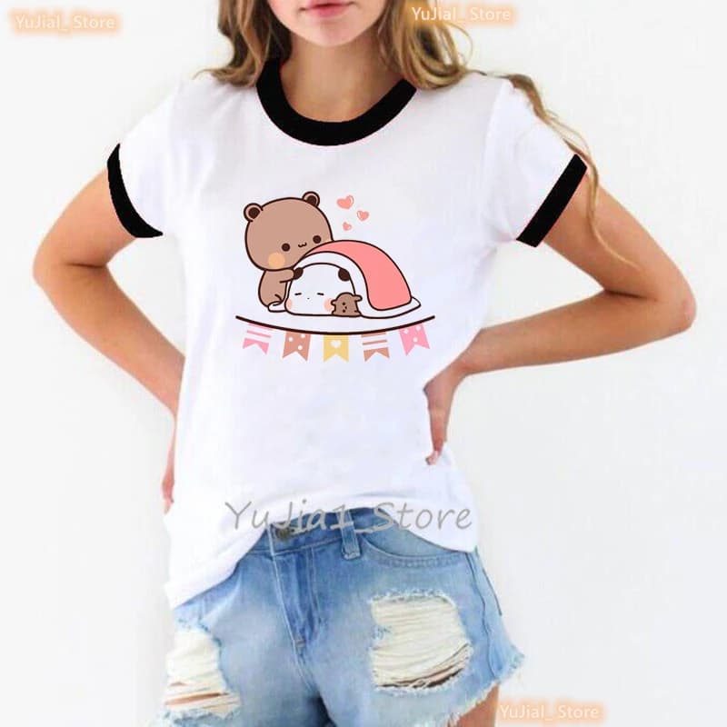 Kawaii Panda Bubu Dudu dessin animé imprimé T-Shirt filles Rose Bow Rose amour T-Shirt femmes Haraju
