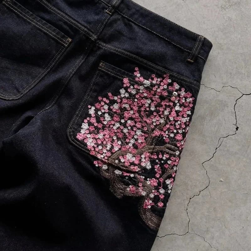 Y2K Baggy jeans fleur de cerisier lisière broderie Denim pantalon hommes femmes denim tissu américai