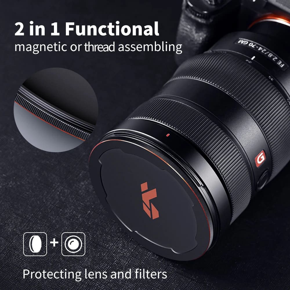K&F CONCEPT 49/52/55/58/62/67/72/77/82mm Capuchons d'objectif magnétiques en métal 2-en-1 (fonctionn