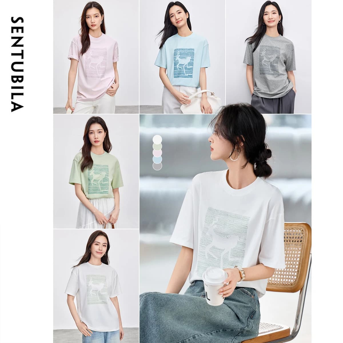 T-shirt femme SENTUBILA Line Art, collection Printemps 2026, coupe décontractée, col rond, manches c