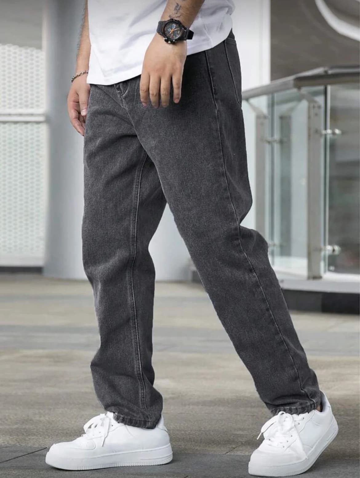 Jean droit ample pour hommes, délavé gris foncé Vintage, tenue quotidienne décontractée, confortable