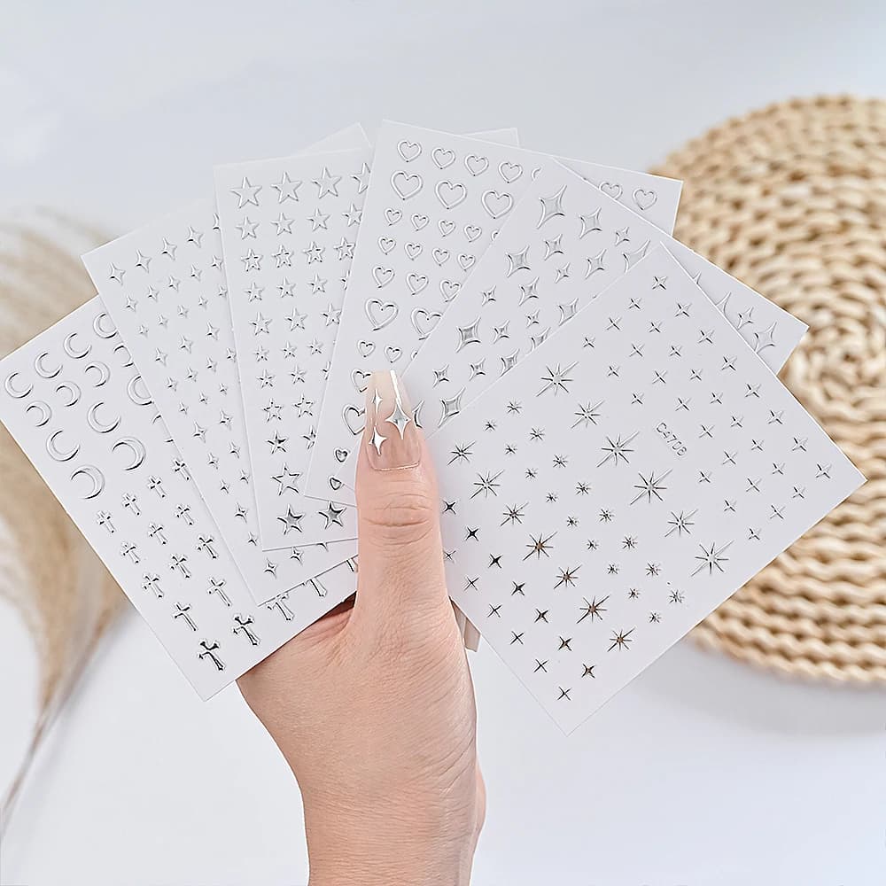 Autocollants pour ongles en métal argenté, 6 feuilles, étoiles métalliques 3D, autocollants pour Nai