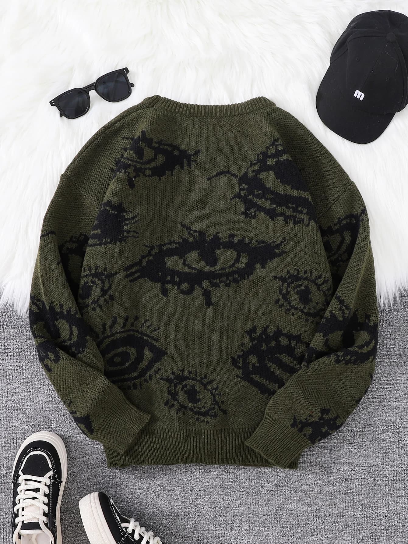 Nouveau populaire automne et hiver oeil abstrait motif Jacquard pull pull décontracté col rond trico