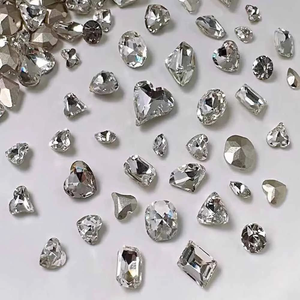 Strass 3D K9 en cristal blanc brillant pour Nail Art, formes mixtes, fond pointu, diamants en verre,