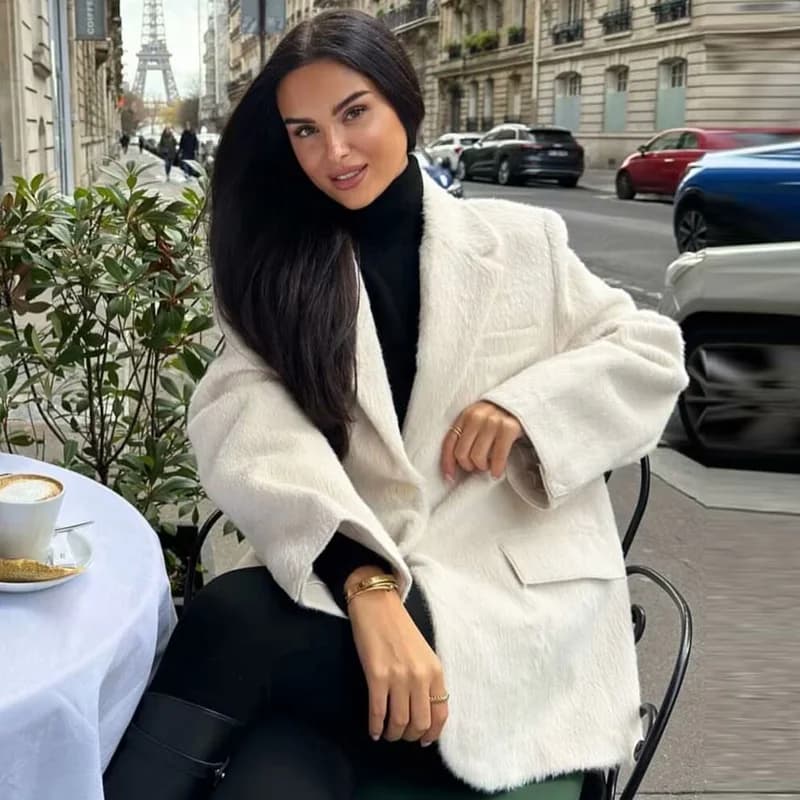 HXAO 2025 femmes Blazer fausse fourrure manteaux vêtements d'extérieur femme printemps vestes blanc 