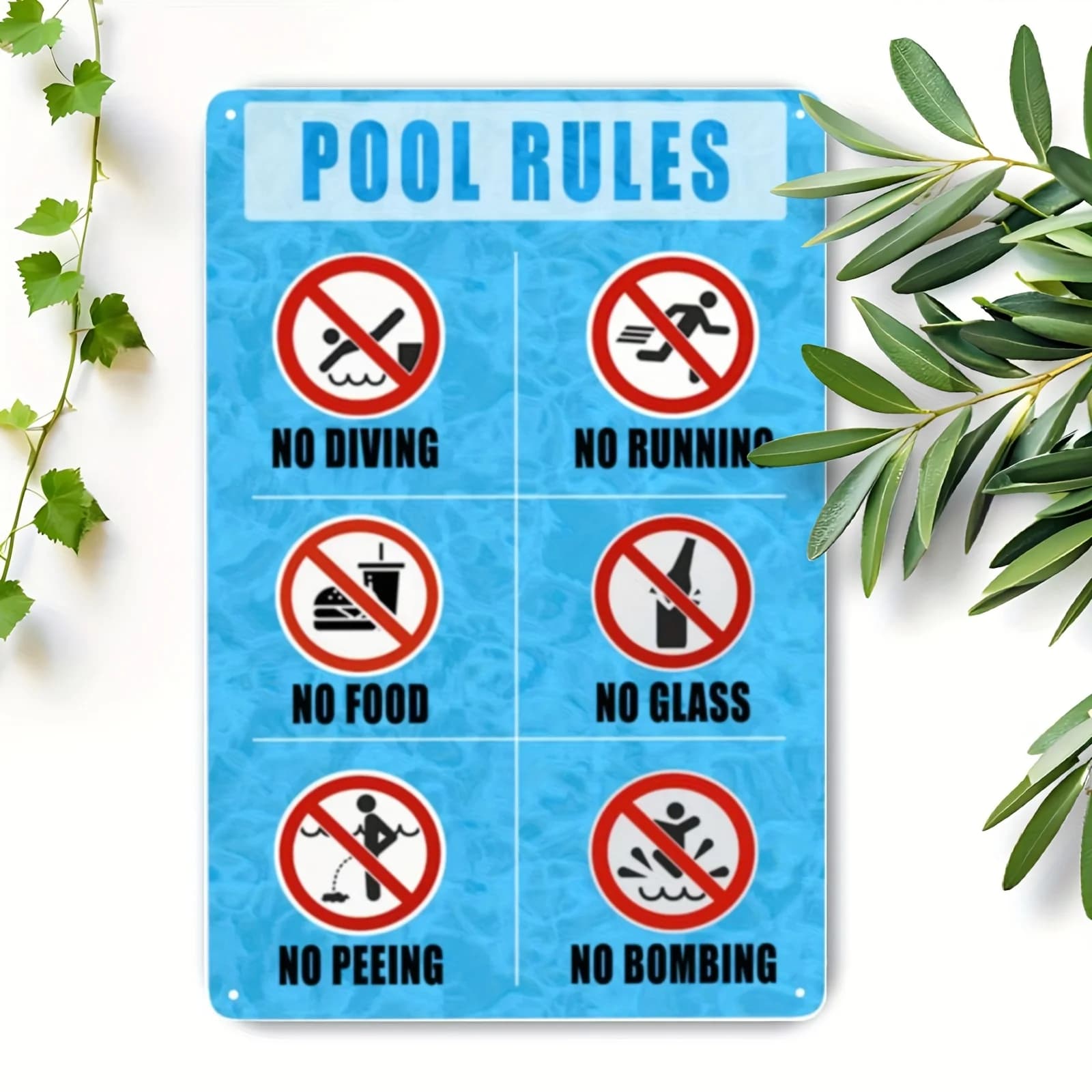 Panneau de règles de piscine en métal, pas de course, de plongée, de nourriture, de verre, de pipi, 