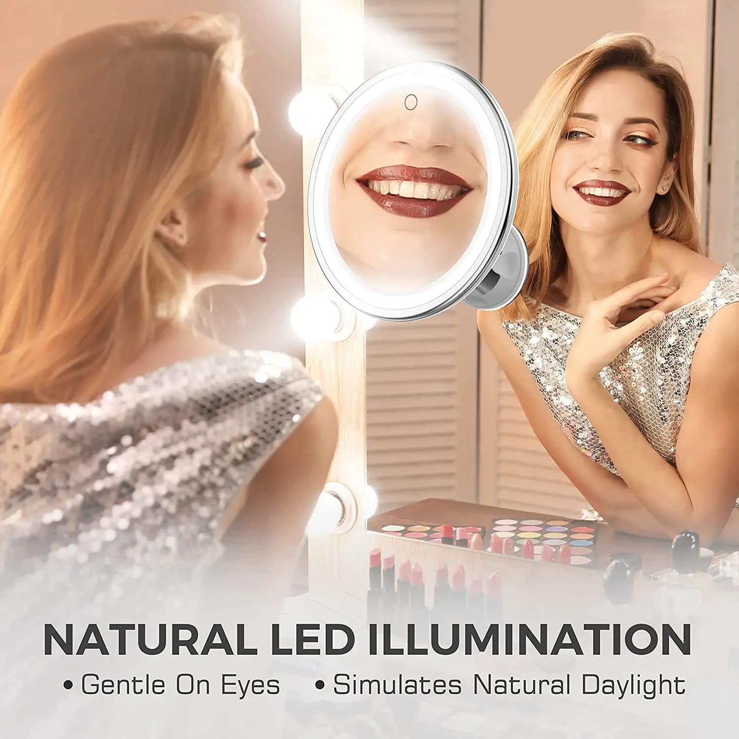Miroir de vanité grossissant Flexible 10x avec lumières, éclairage à écran tactile, lampe de maquill