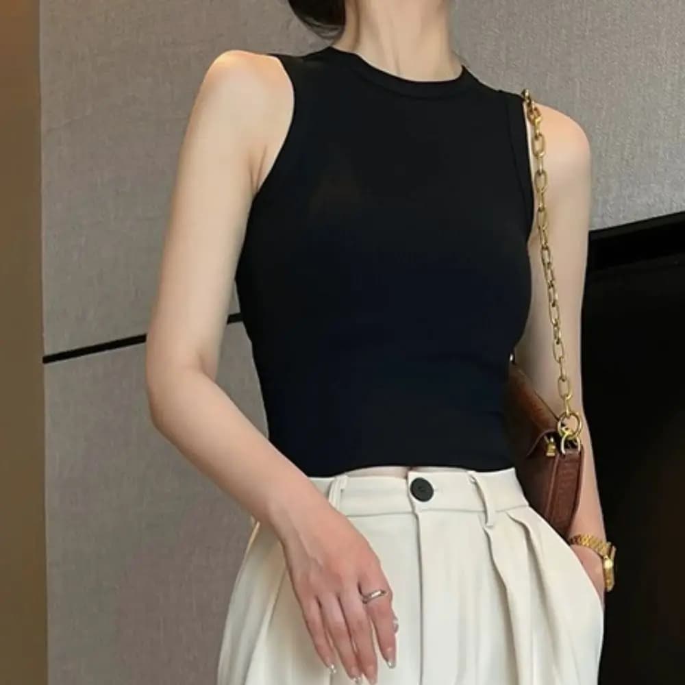 Haut court à col roulé pour femme, débardeur moulant, camisole à demi-col, sexy, document solide, te