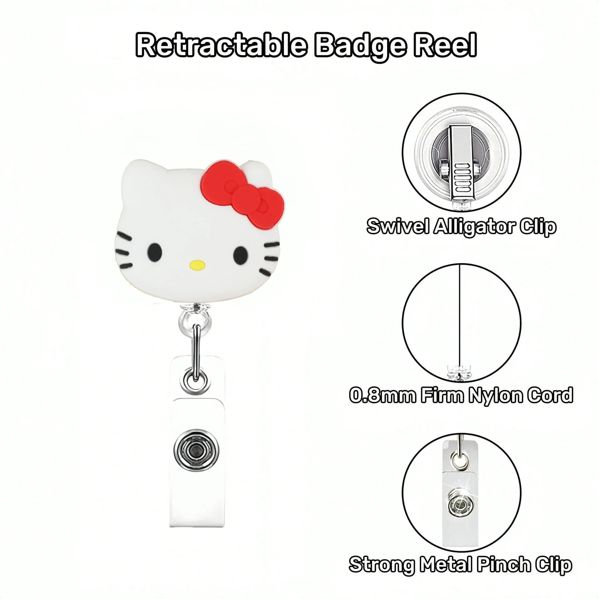Porte-badge rétractable Sanrio Cat Kawaii en acrylique scintillant 360° °   Spinner avec porte-clés 