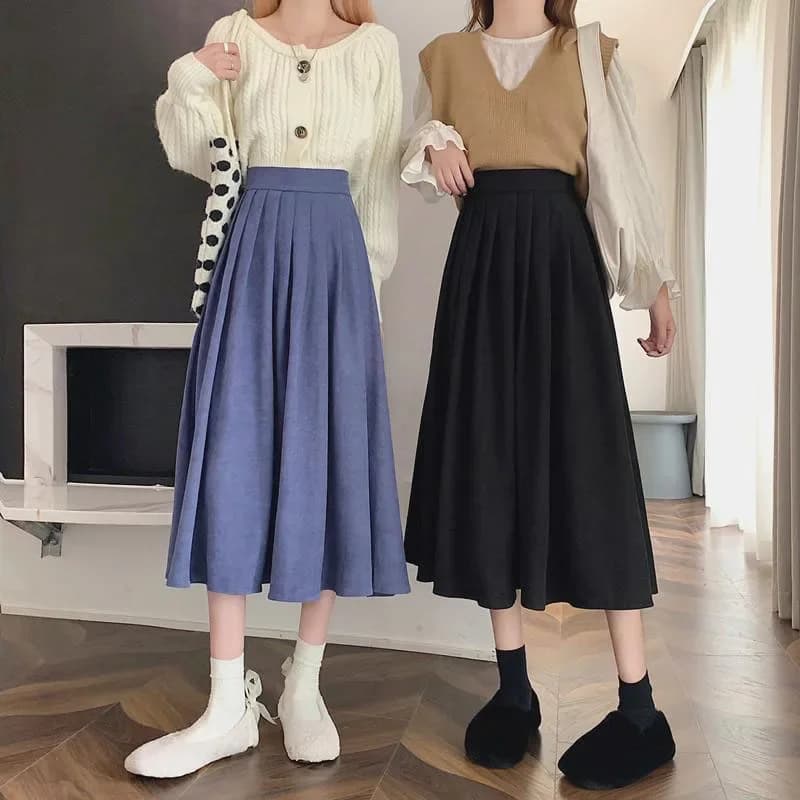 Xpqbb-Jupe Mi-Longue en Velours Côtelé pour Femme, Taille Haute, Style Collège, Plissée A-Line, Auto