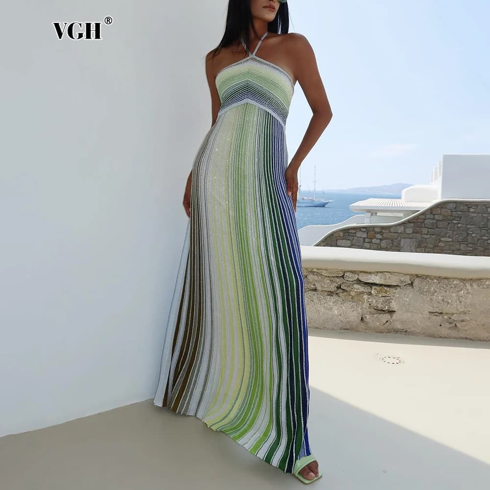 Robe longue de fête VGH à rayures colorées pour femme, dos nu, taille haute, sans manches, coupe aju