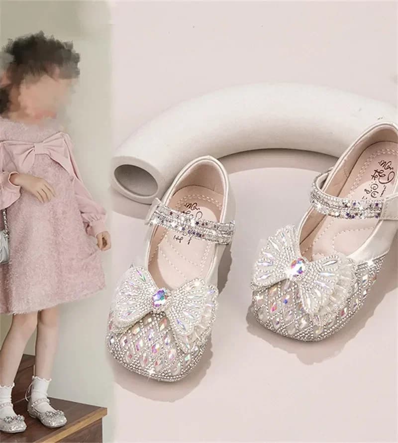 Doux bébé filles printemps/été populaire cristal mignon arc plat brillant défilé princesse chaussure