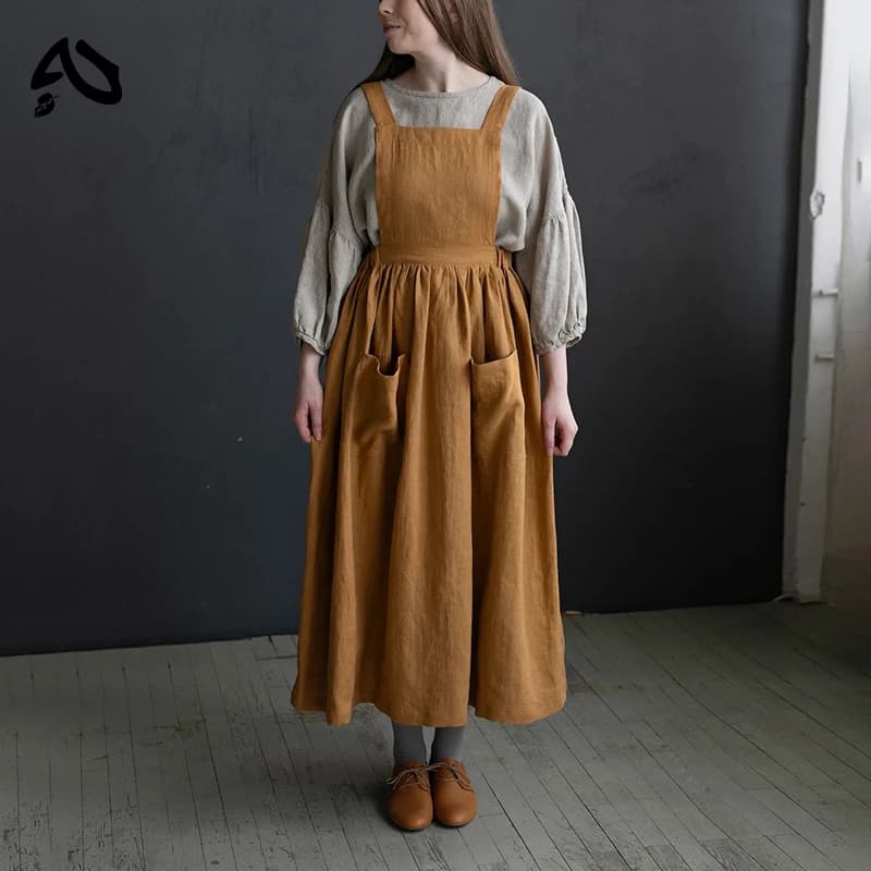 Original Robe en lin de coton chic et élégante pour femme, col carré, dos croisé, style japonais fra