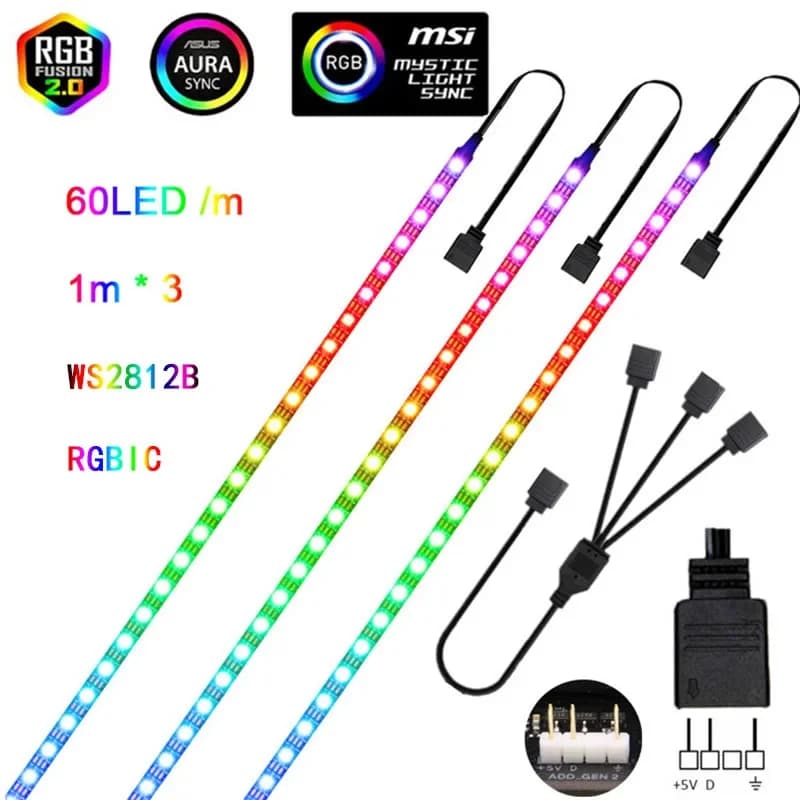 Bande lumineuse LED numérique arc-en-ciel adressable pour PC, 5V, 3 broches, en-tête ARGB, boîtier P