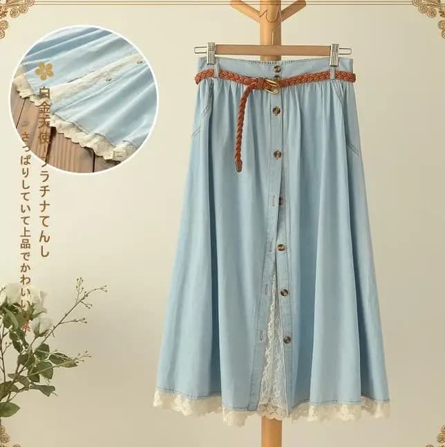 Jupe en Jean en coton pour femmes, jupe longue plissée en dentelle à simple boutonnage