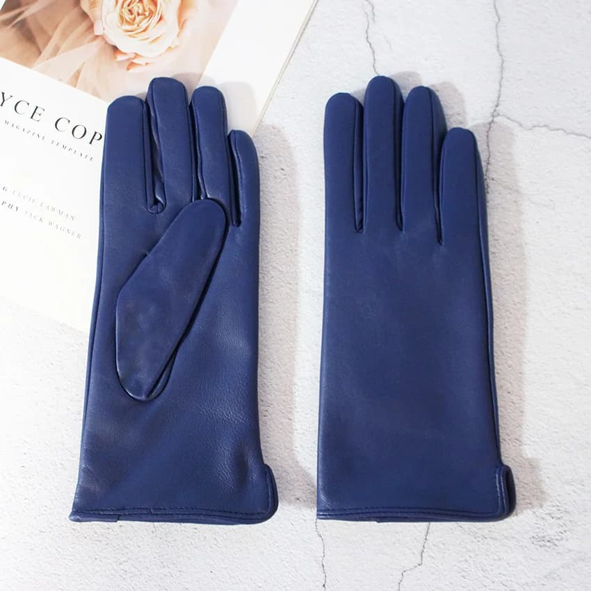 Gants en cuir de mouton de couleur pour femmes, doublure en laine de Style droit, chauds pour moto, 