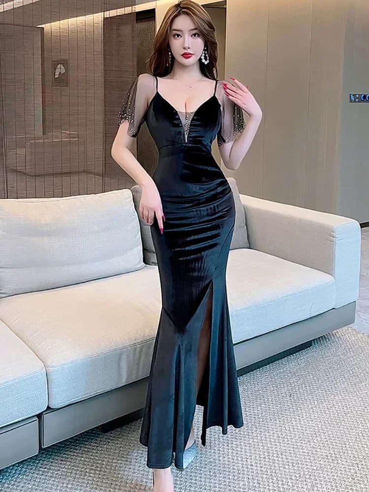 Robe de soirée moulante coréenne élégante et luxueuse en velours bleu avec diamants transparents pou