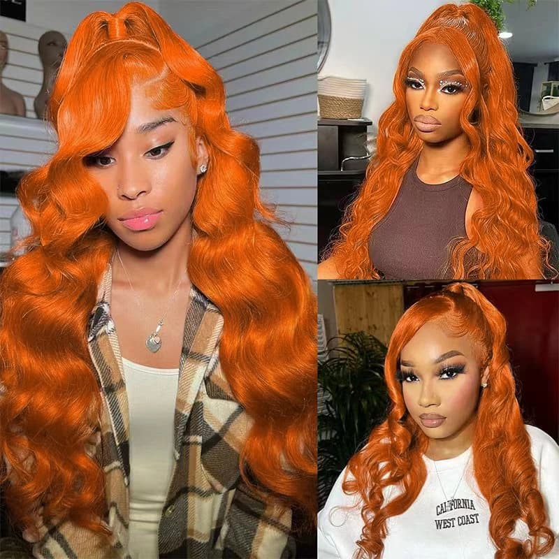Perruque Lace Front Wig Body Wave Orange gingembre 13x6, cheveux humains transparents pour femmes # 