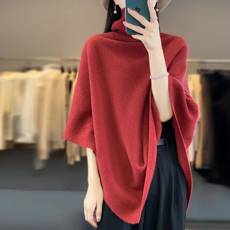 Poncho à col roulé en laine 100% pour femme, pull-over, châle tricoté, cape irrégulière, mode, doux 
