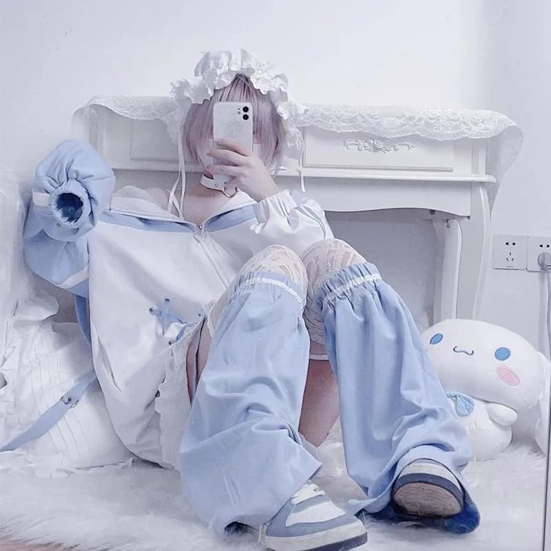 Filles point femme vêtements sous-culture sweat à capuche japonais bleu blanc automne femme sweats f