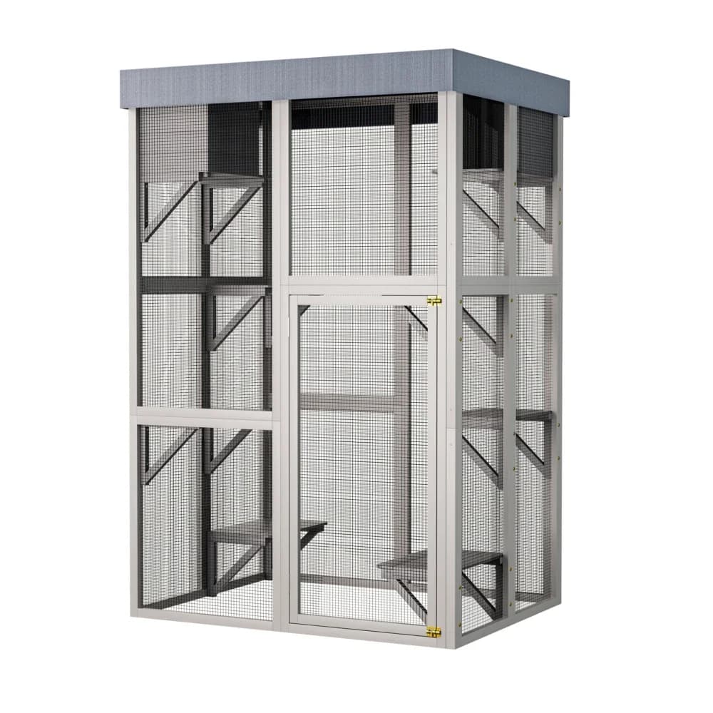 Enclos pour chat d'extérieur en bois de 70,5 pouces de haut, maison pour chat grise, grande cage en 