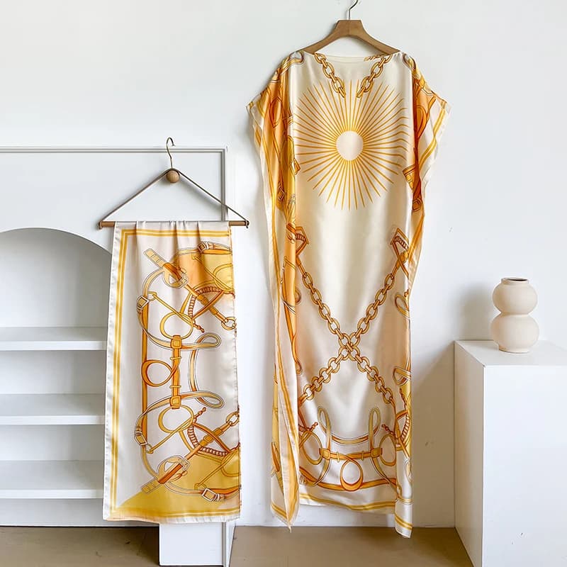 NOUVELLE Robe d'été imprimée tendance avec grande écharpe, Kaftan Dubaï Turquie, Abaya ample musulma