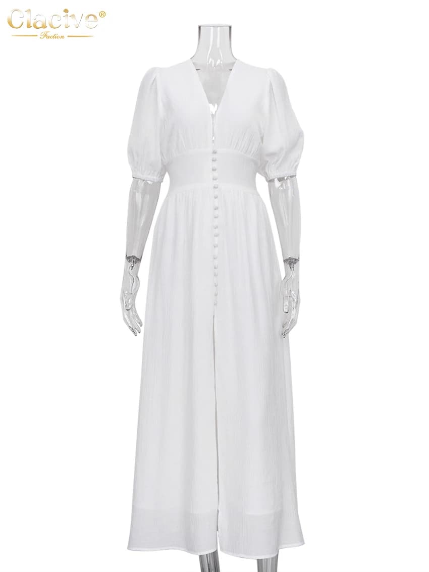 Clacive blanc Sexy simple boutonnage femmes robe 2022 élégant à manches courtes col en v robes de so