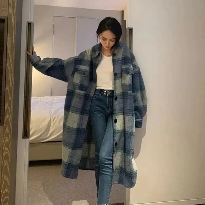Chemise mi-longue fine au-dessus du genou, manteau à carreaux bleu, version coréenne, tempérament tr